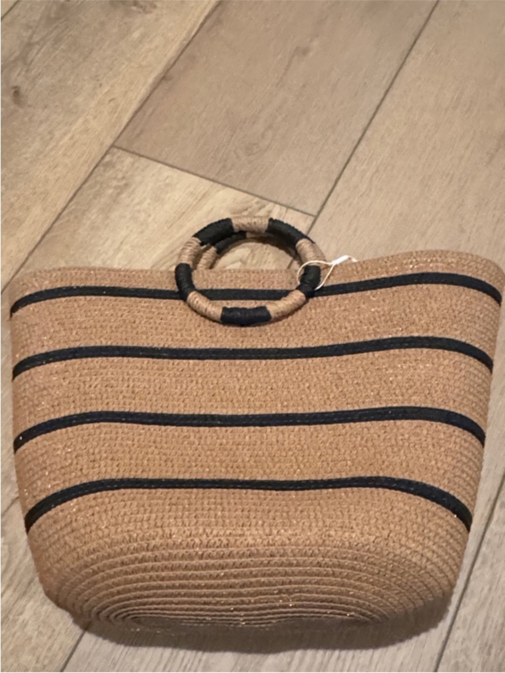 Urban Expressions Tan Straw Tote with Black Stripe Accents